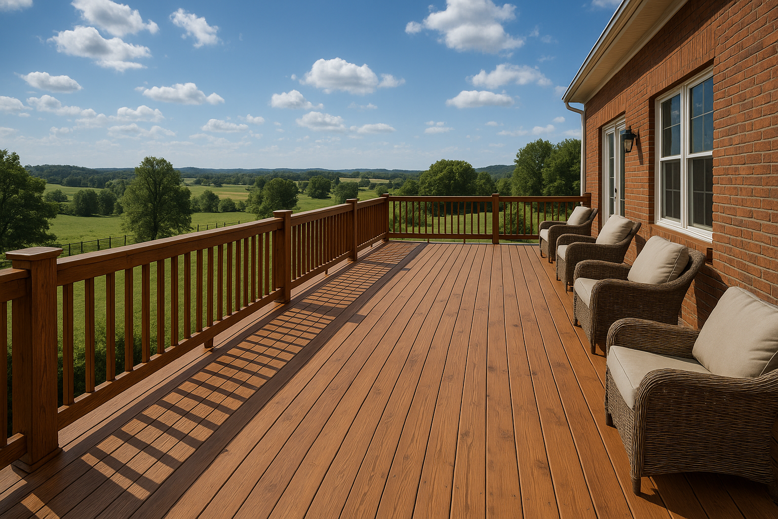 Spacious deck with outdoor seating and views.