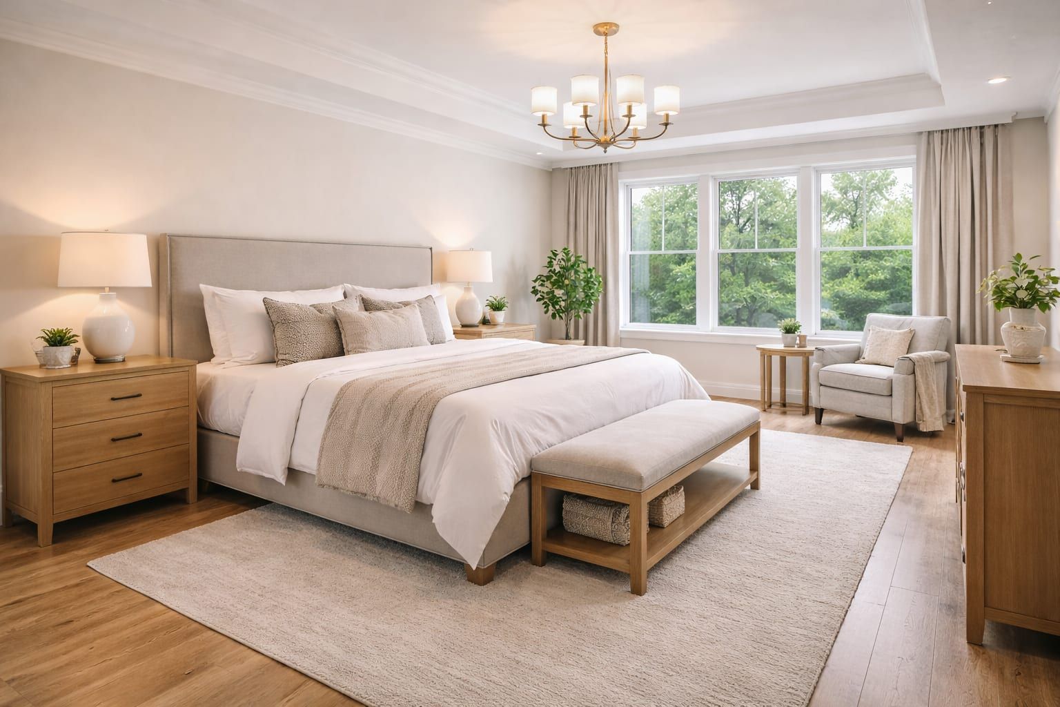 Bright primary bedroom with layered neutral textiles and natural light.