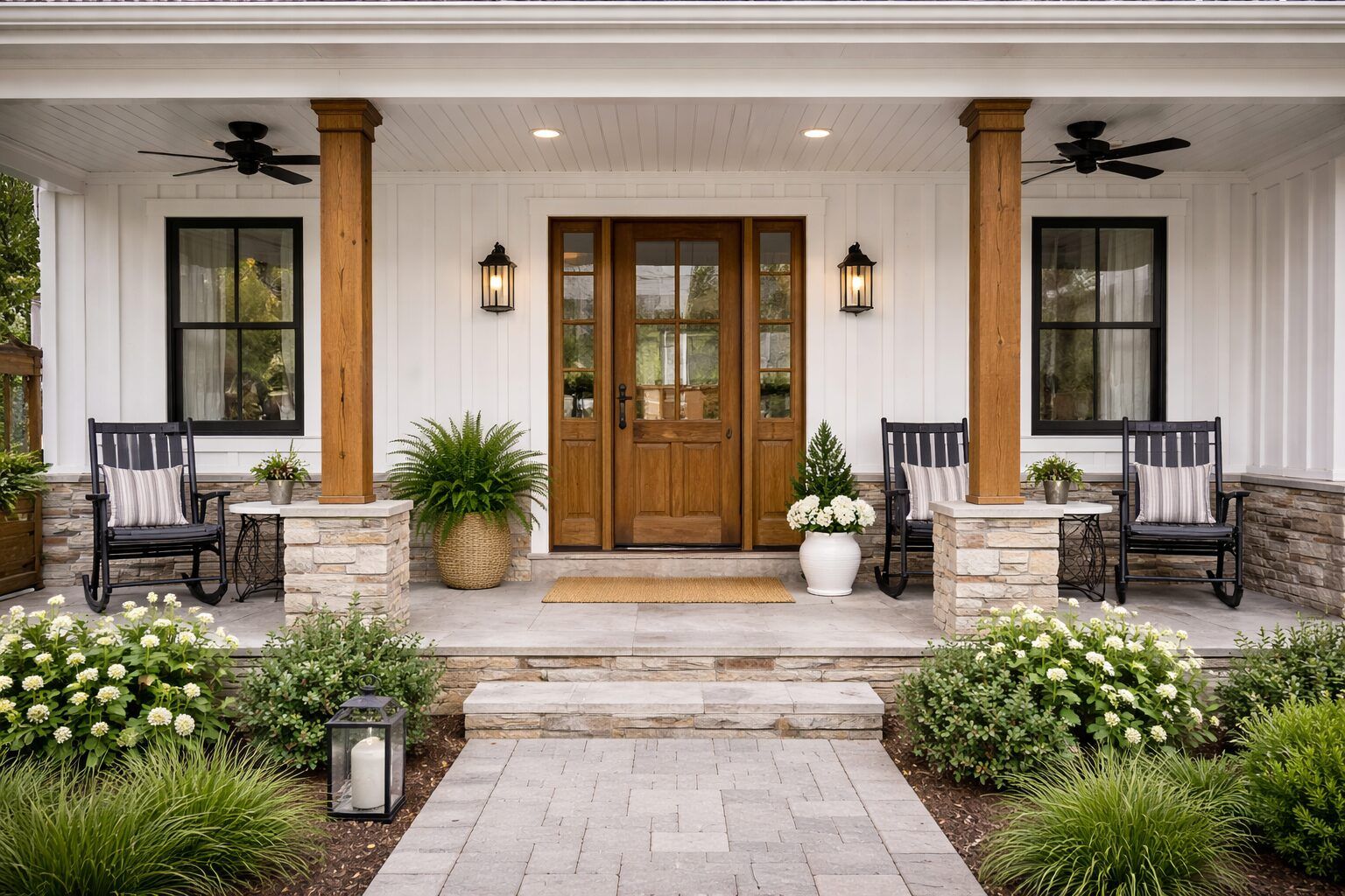 Farmhouse porch with greenery and seating.