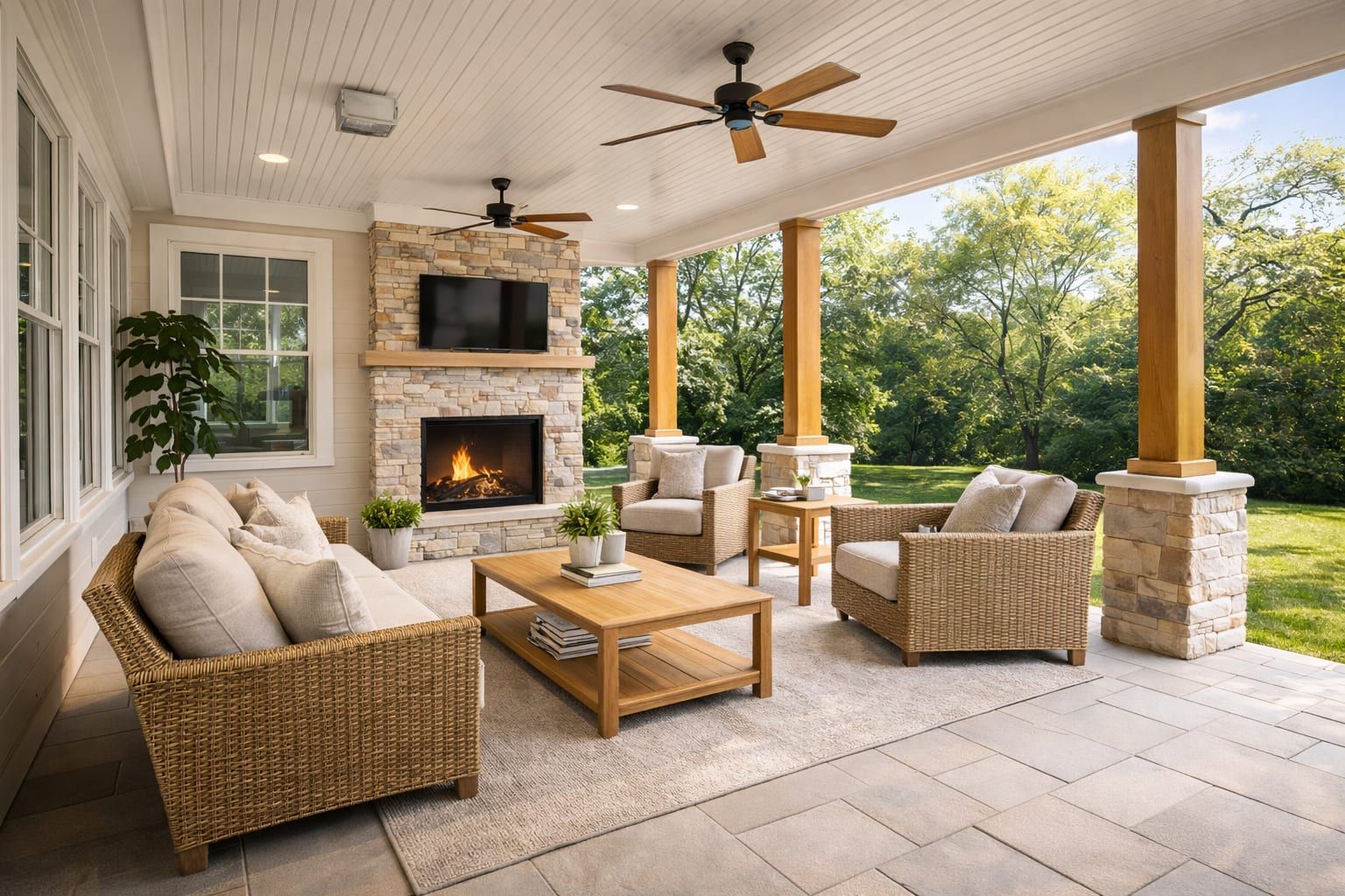 Outdoor patio seating area with a fireplace.