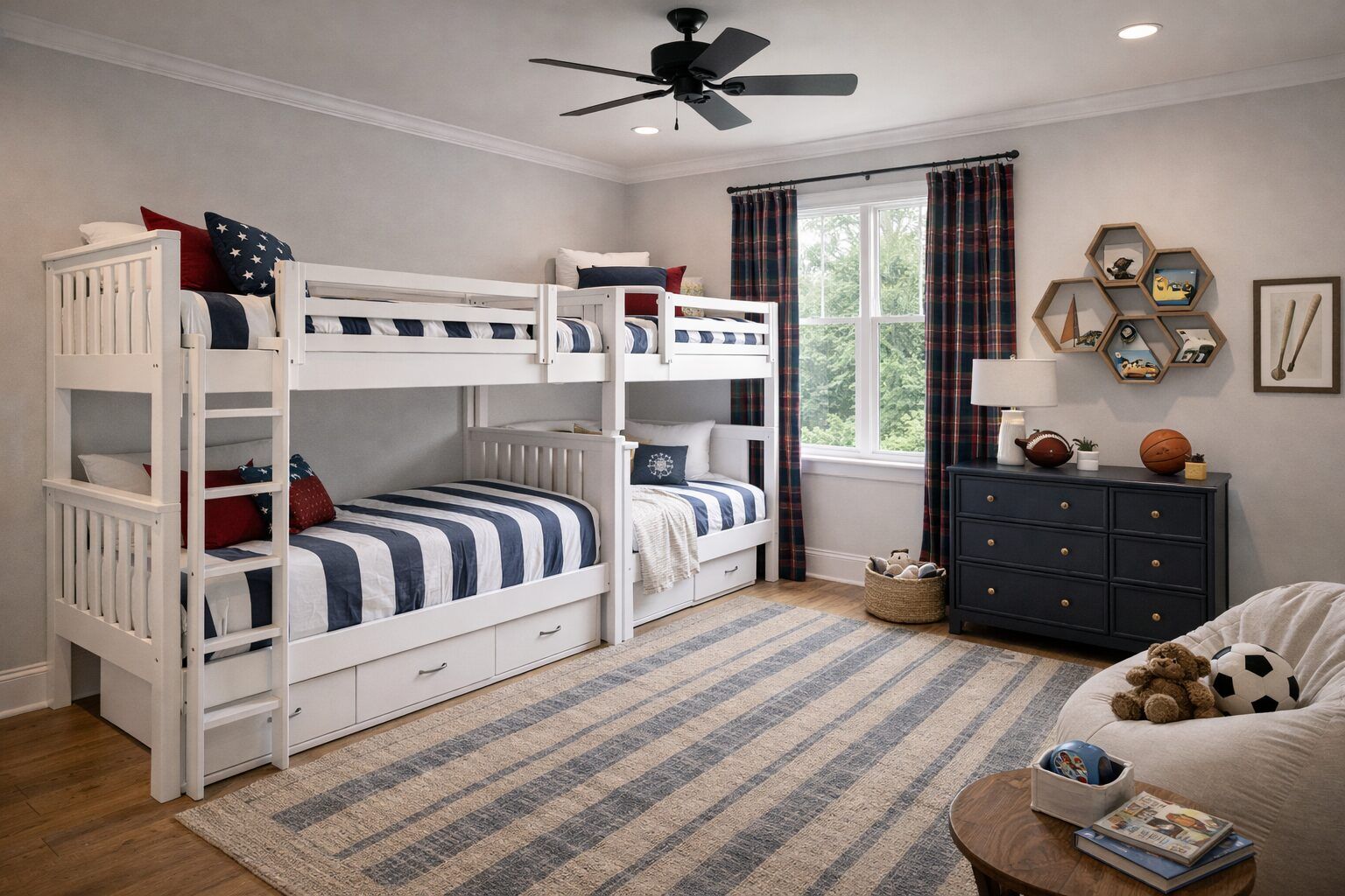 Shared kids bedroom with bunk beds and built-in storage.