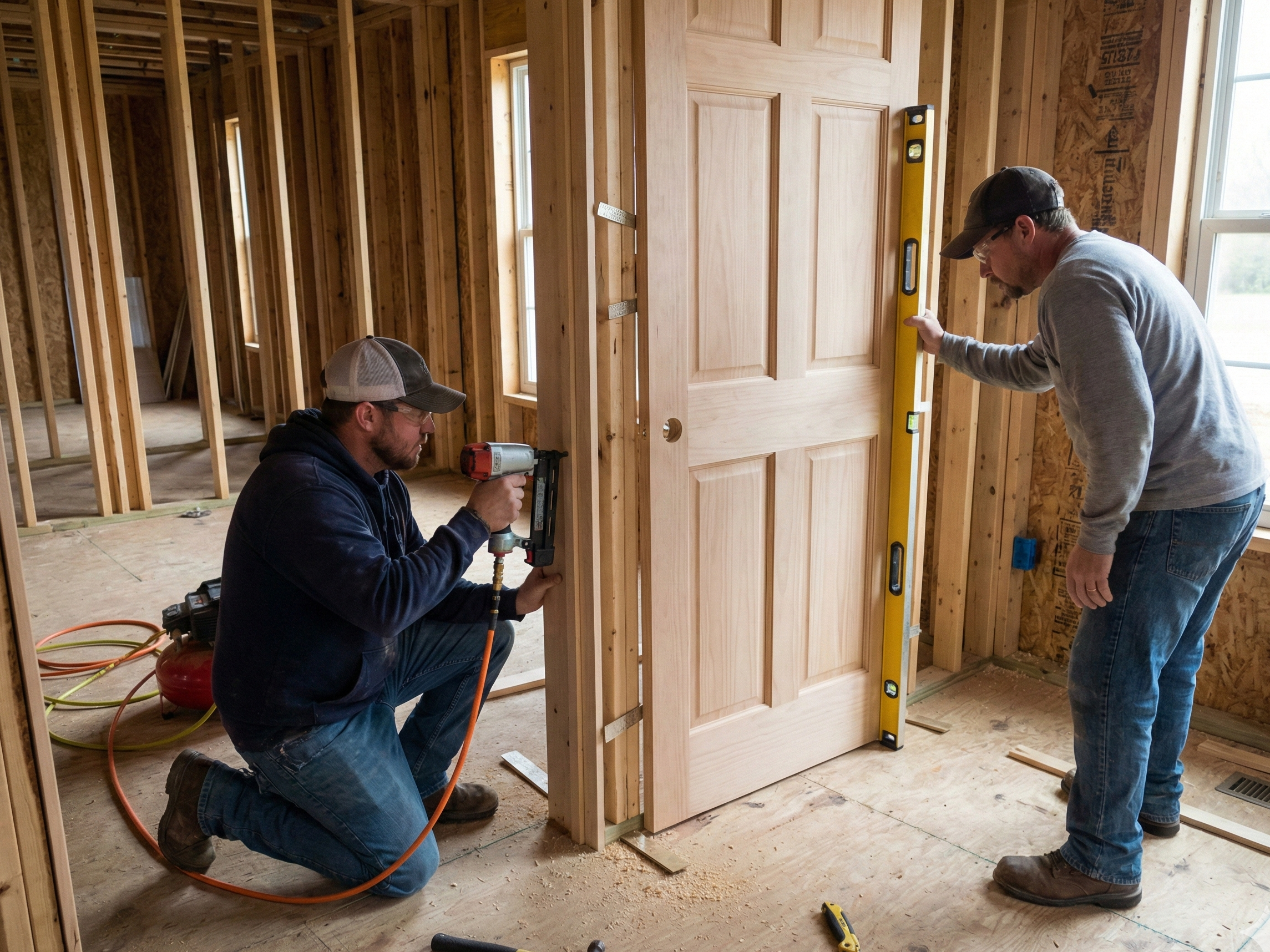 Carpenter fastening an interior door jamb with a nail gun.