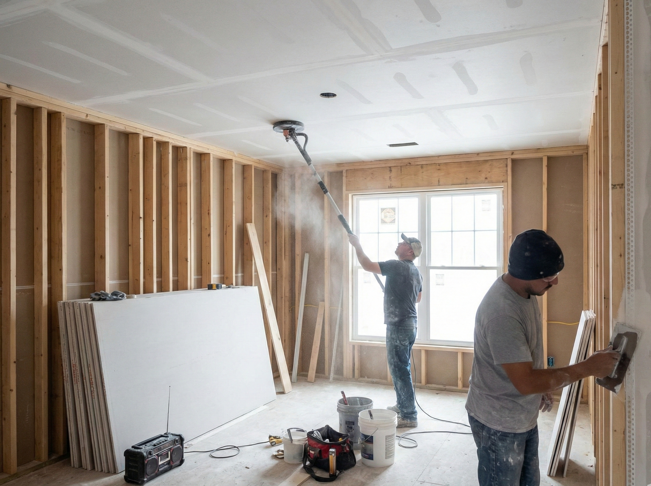 Installer sanding a drywall ceiling.