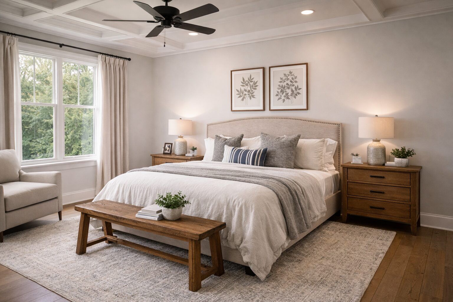 Farmhouse bedroom with warm accents and clean trim.