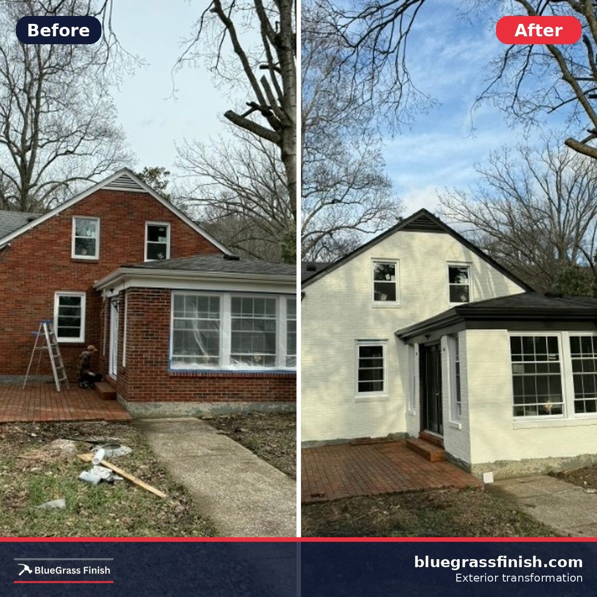 Same house, same angle: exterior before and after a full repaint.