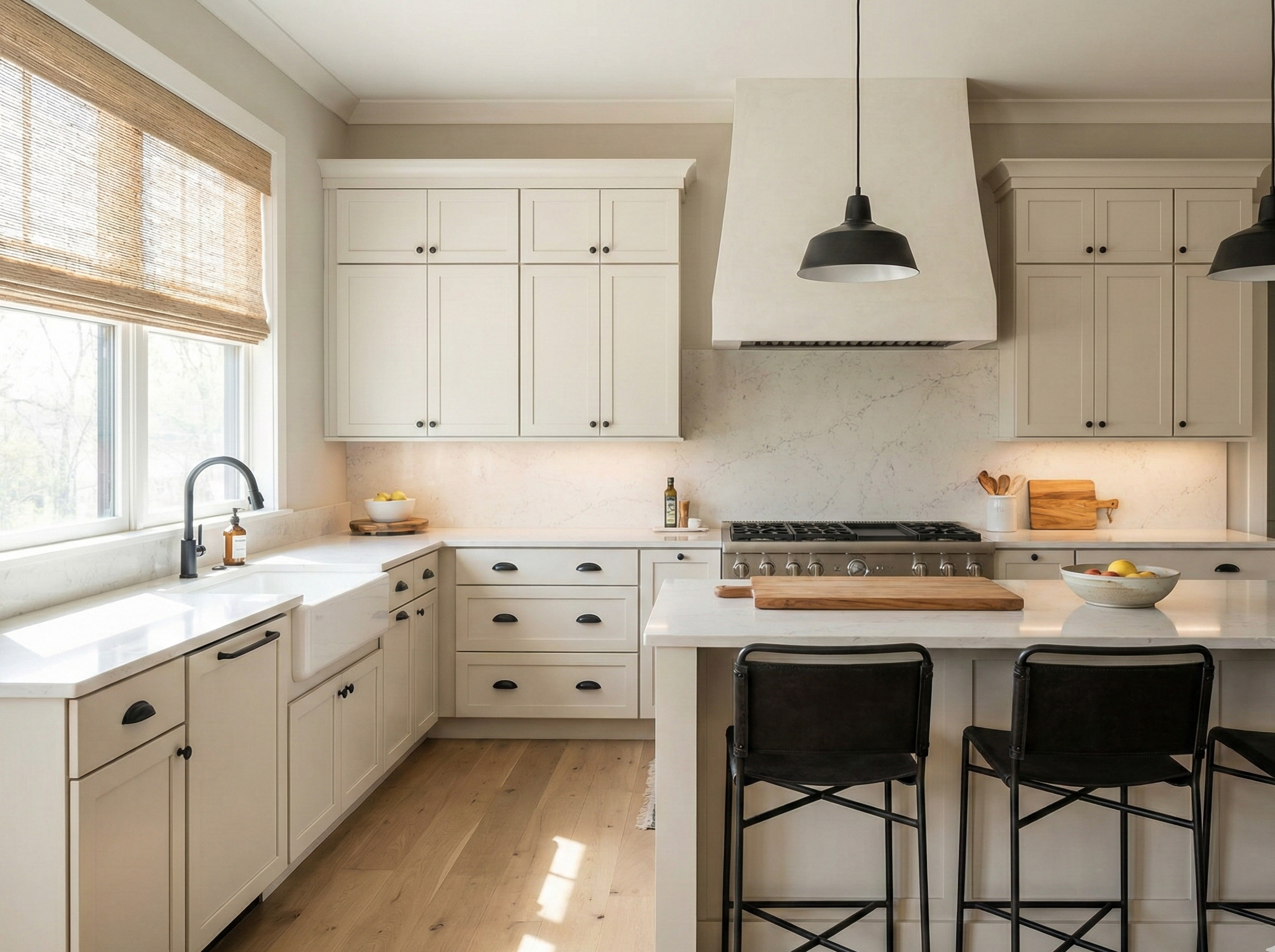 Warm white shaker kitchen with a quartz island.