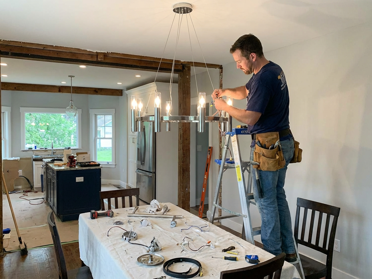 Installer mounting a light fixture.