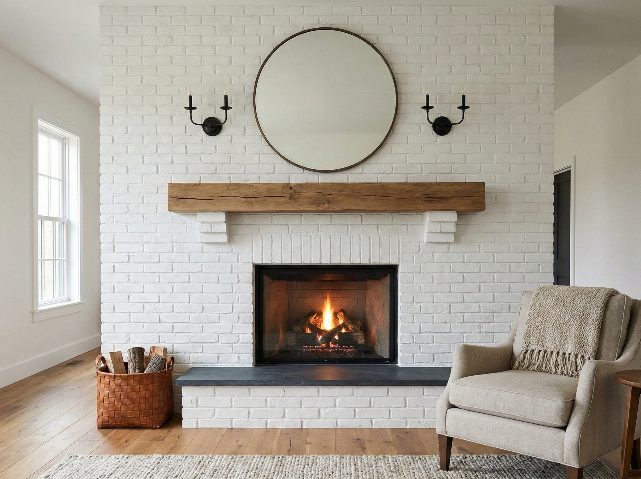 White brick fireplace with a rustic wood mantel.