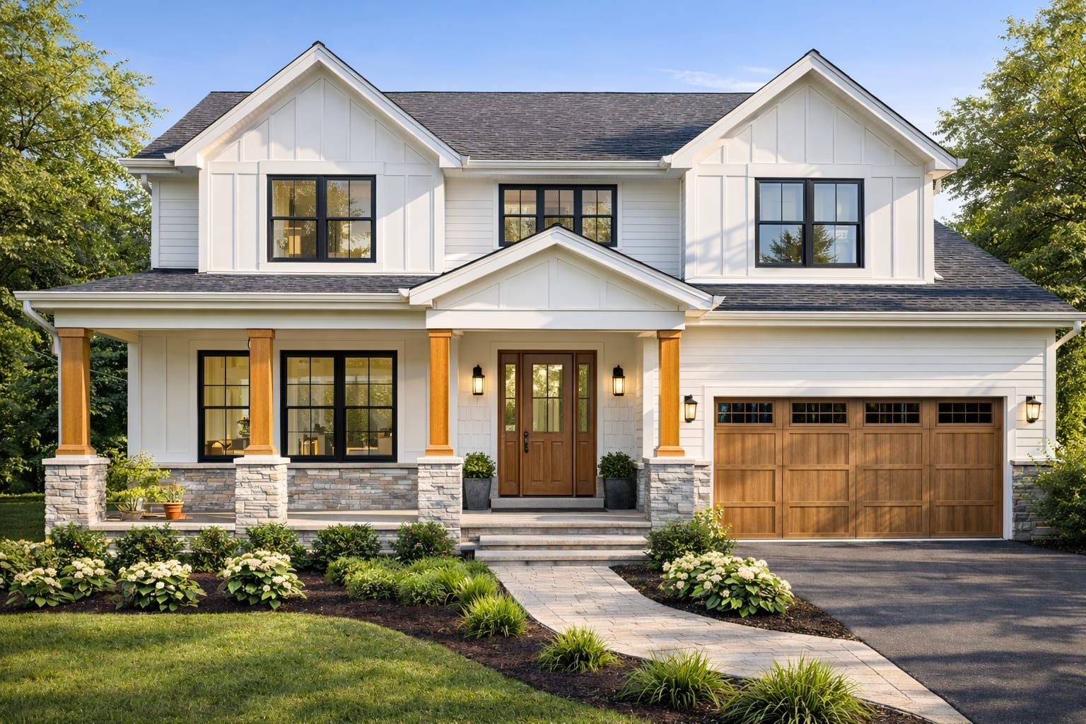 Modern farmhouse exterior with clean siding lines.