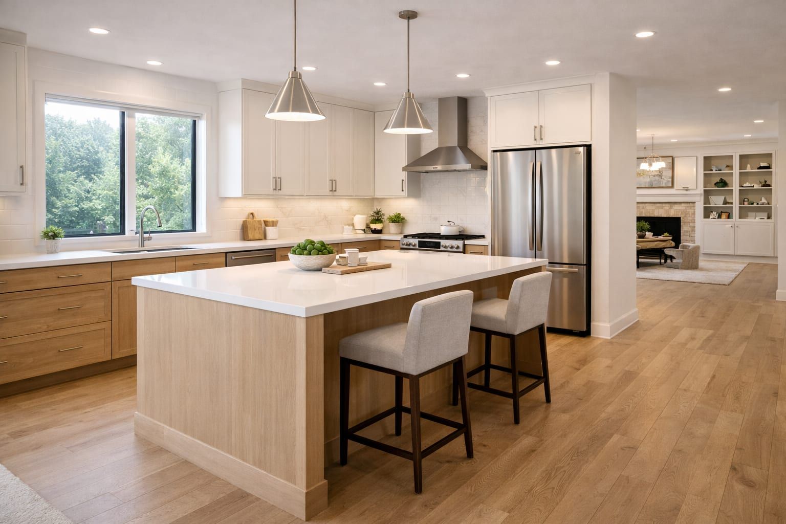 Modern kitchen opening into a living area.