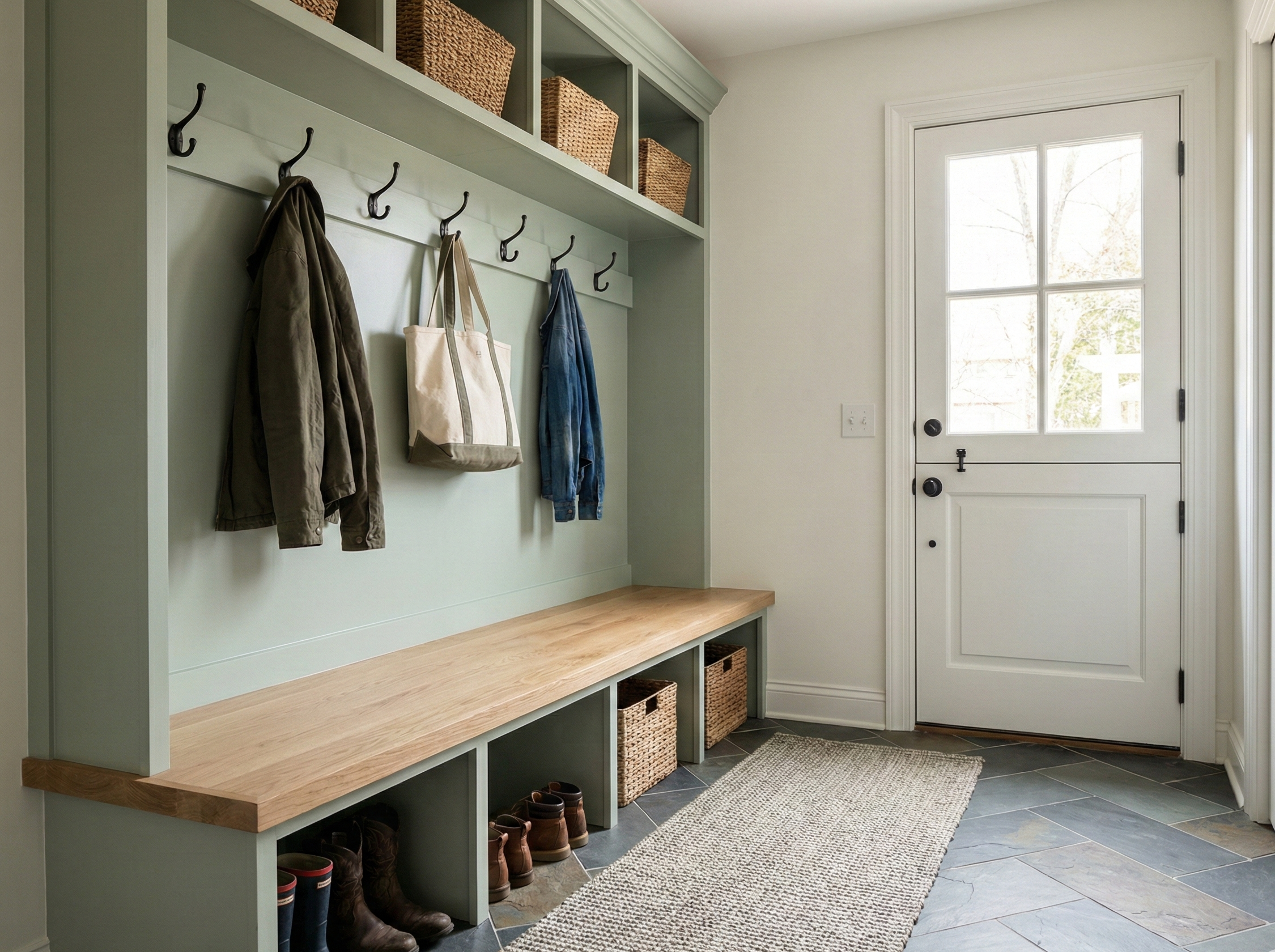 Mudroom built-ins with a slate herringbone floor.