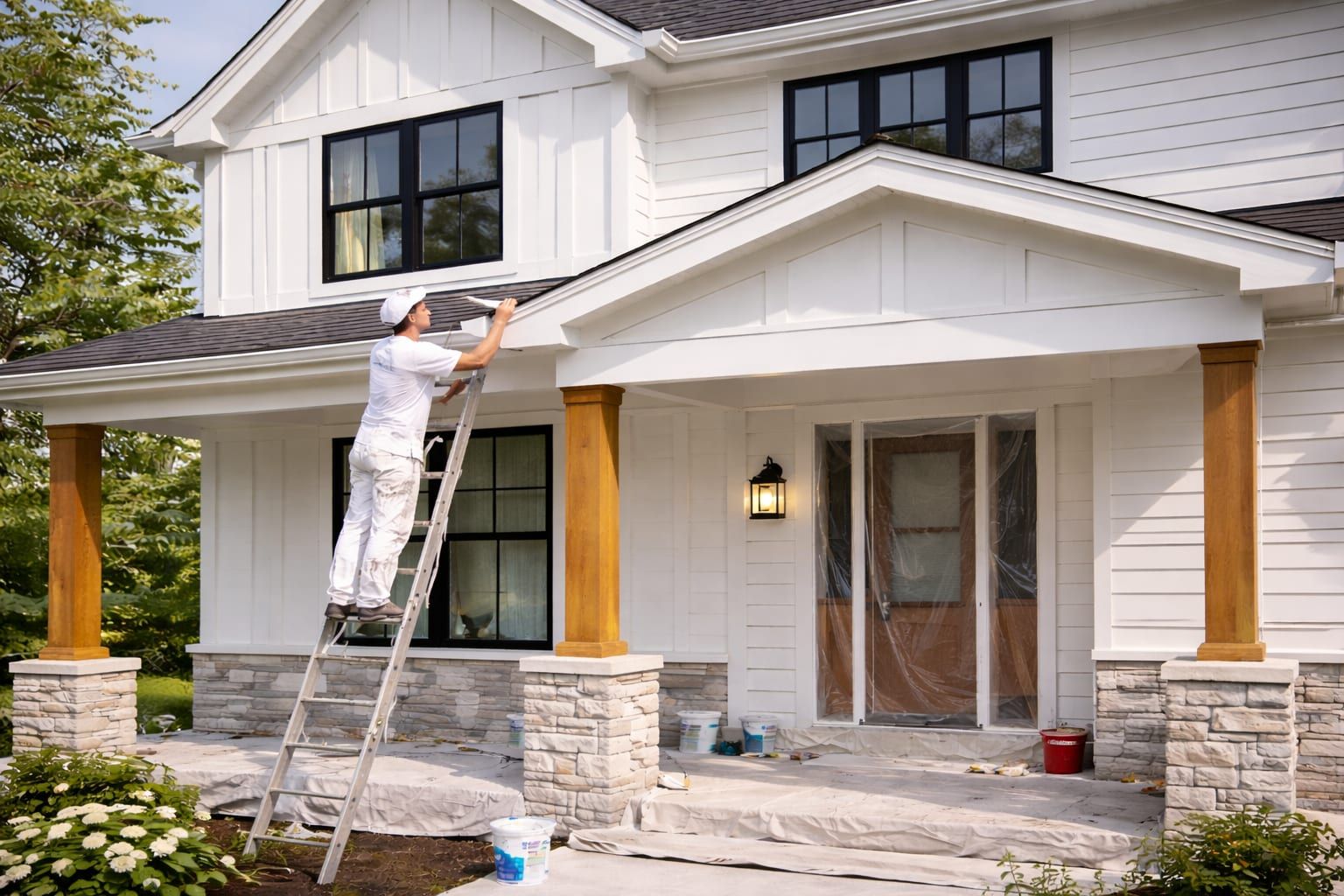 Painter working on a farmhouse exterior.