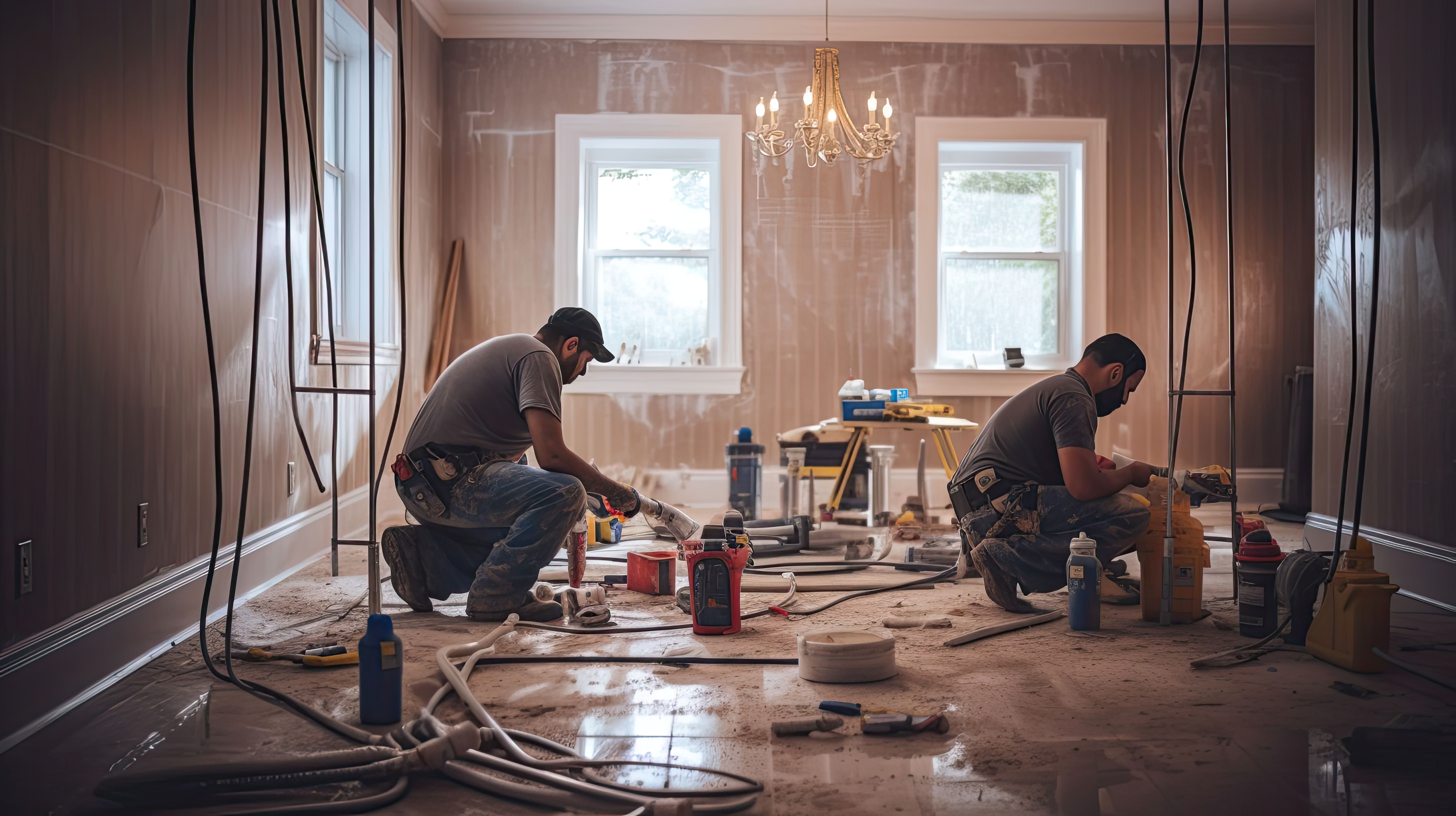 Restoration and repair work on a damaged home.