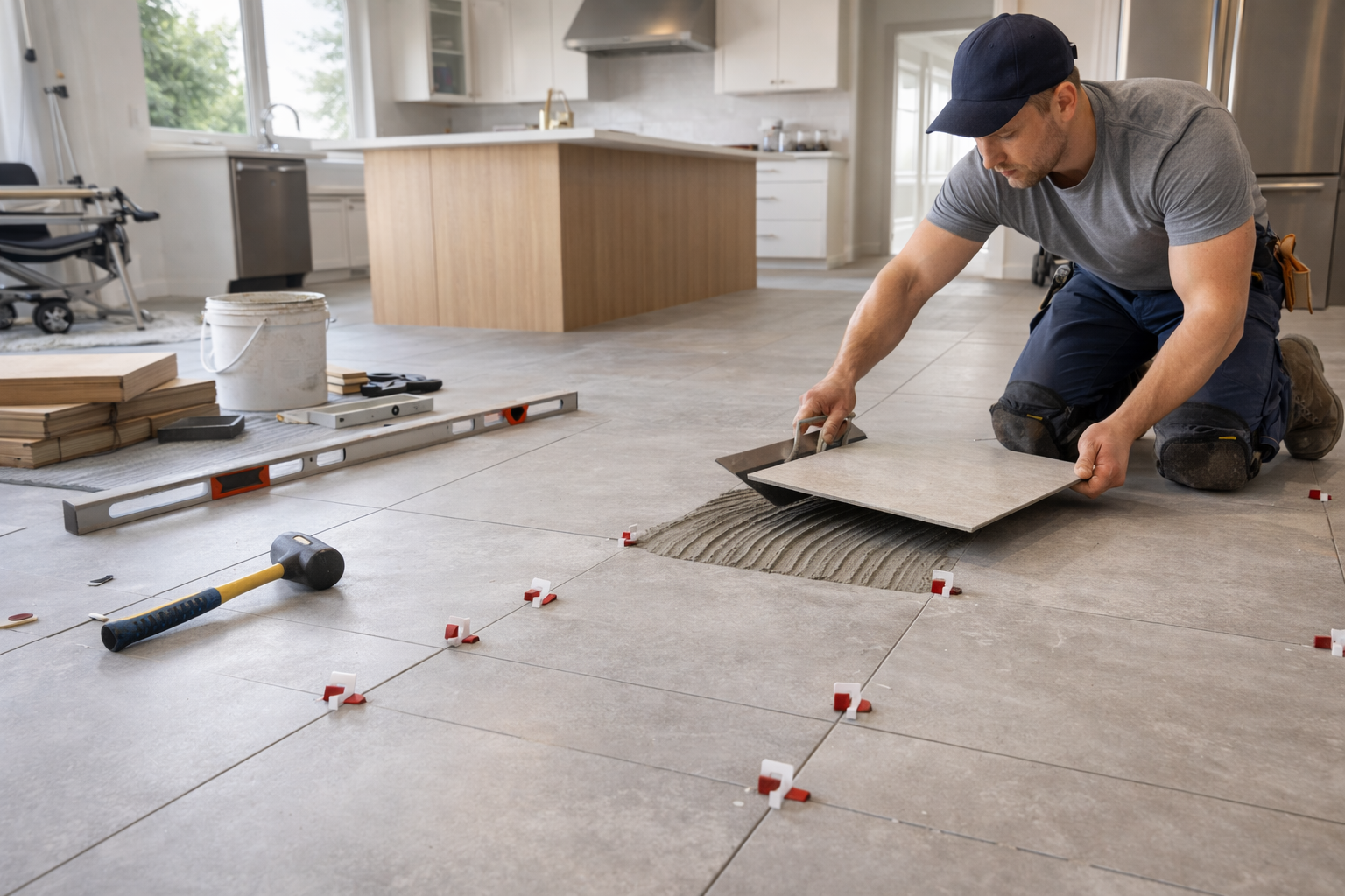 Installer setting tile in a modern kitchen.