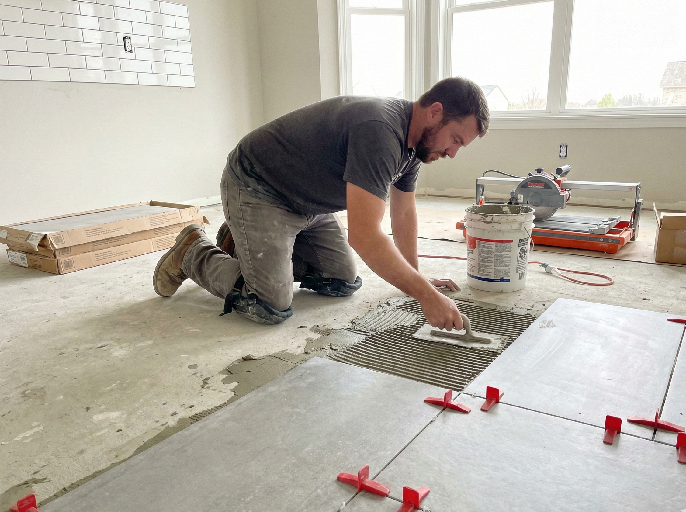 Installer spreading mortar for floor tile.