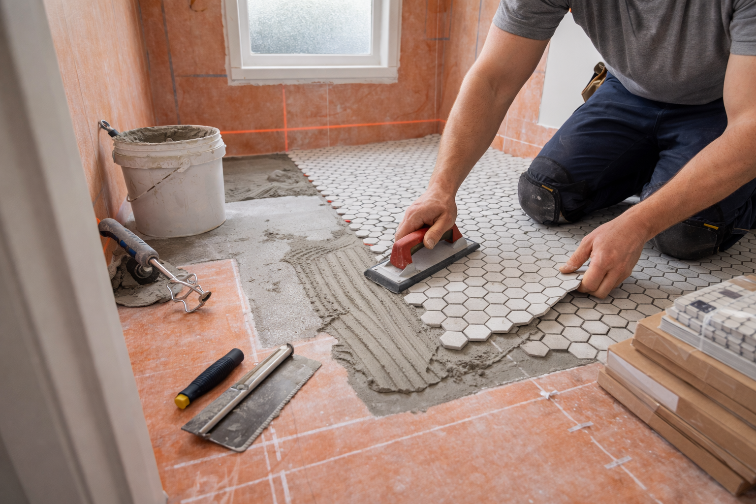 Tile setter working on a hexagonal mosaic floor.