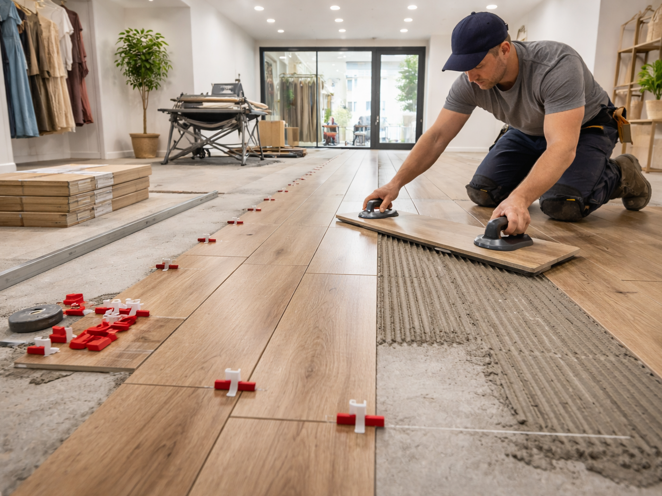Installer laying wood-look tile.